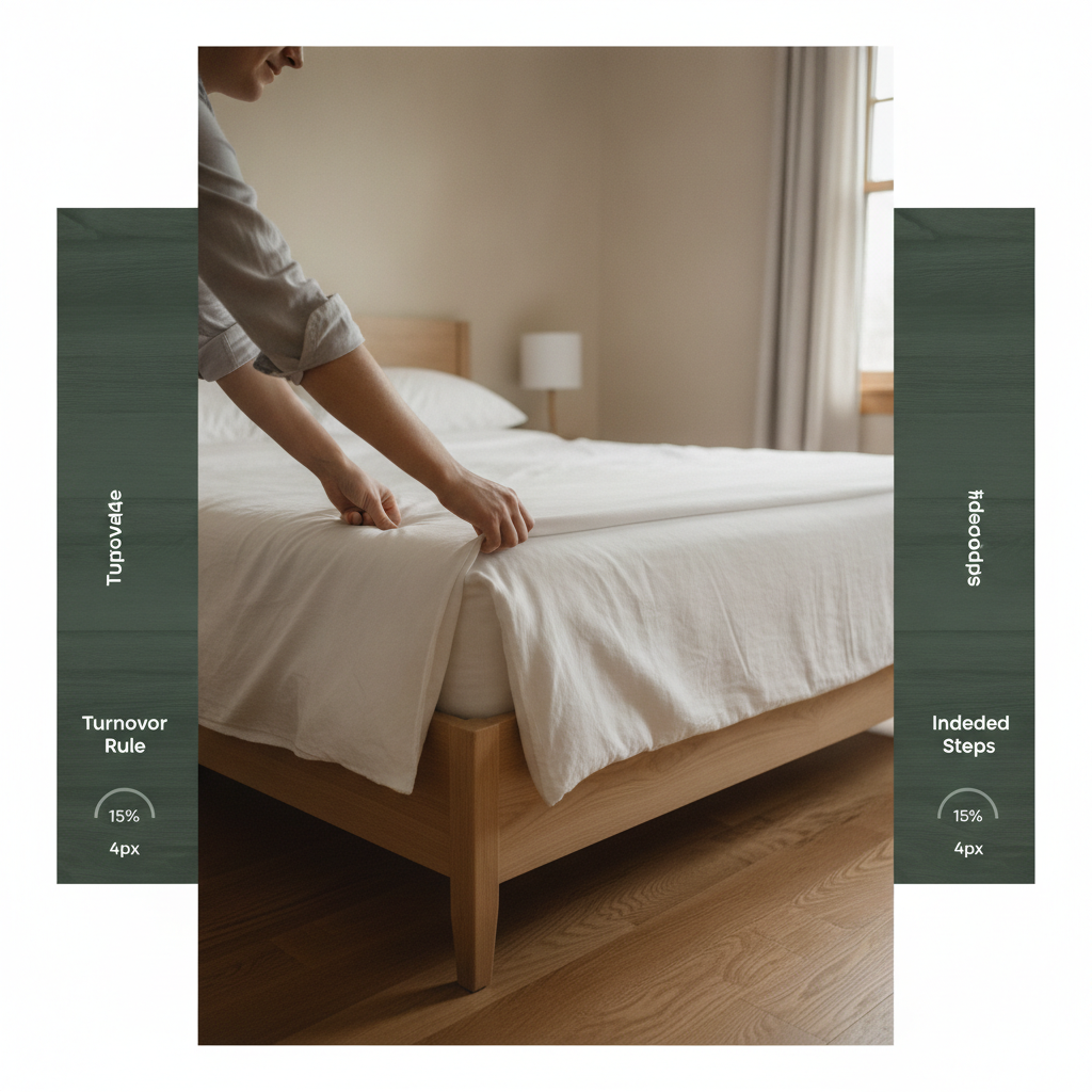 Hands only, smoothing the final corner of a linen on a bed — no face, no uniform, sleeves rolled
