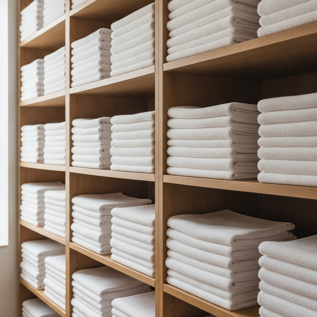 Stacks of folded white linens and towels on a shelf, tops squared and edges aligned, cool daylight warmed by a wood shelf edge