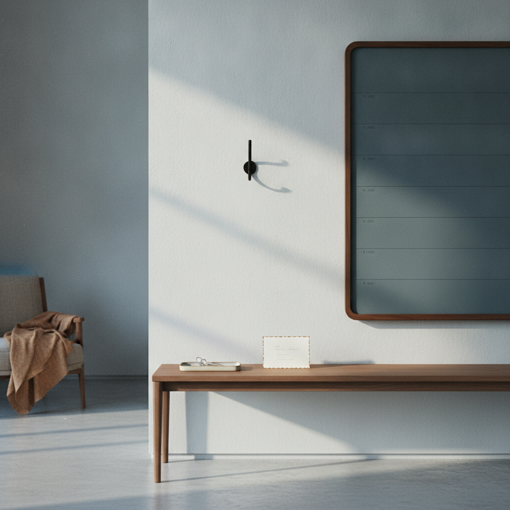 An entry console just inside a prepared unit — two keys on a small tray, a folded card beside them, an empty coat hook above, early daylight raking across the wall
