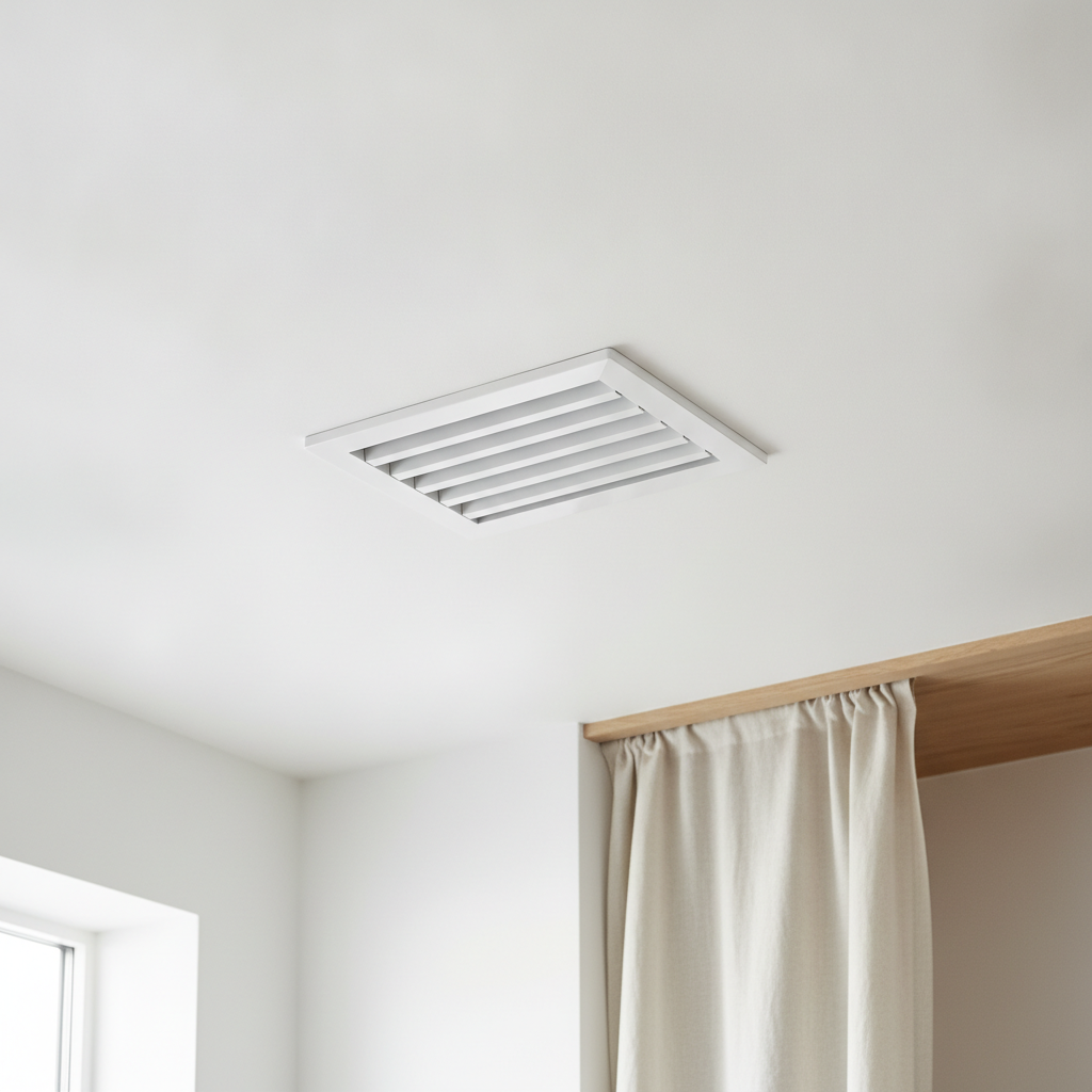 Close, squared-on view of a clean white ceiling supply register on a matte wall with soft daylight across the vanes, dust-free and freshly serviced