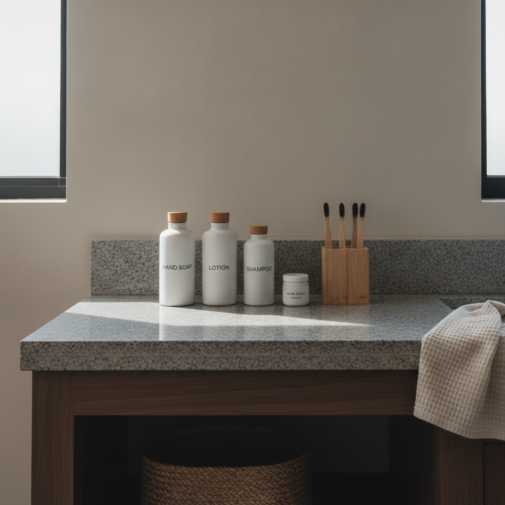 A wiped stone countertop, cleared and dry, with a neatly restocked row of unbranded essentials and a single folded cloth at the edge