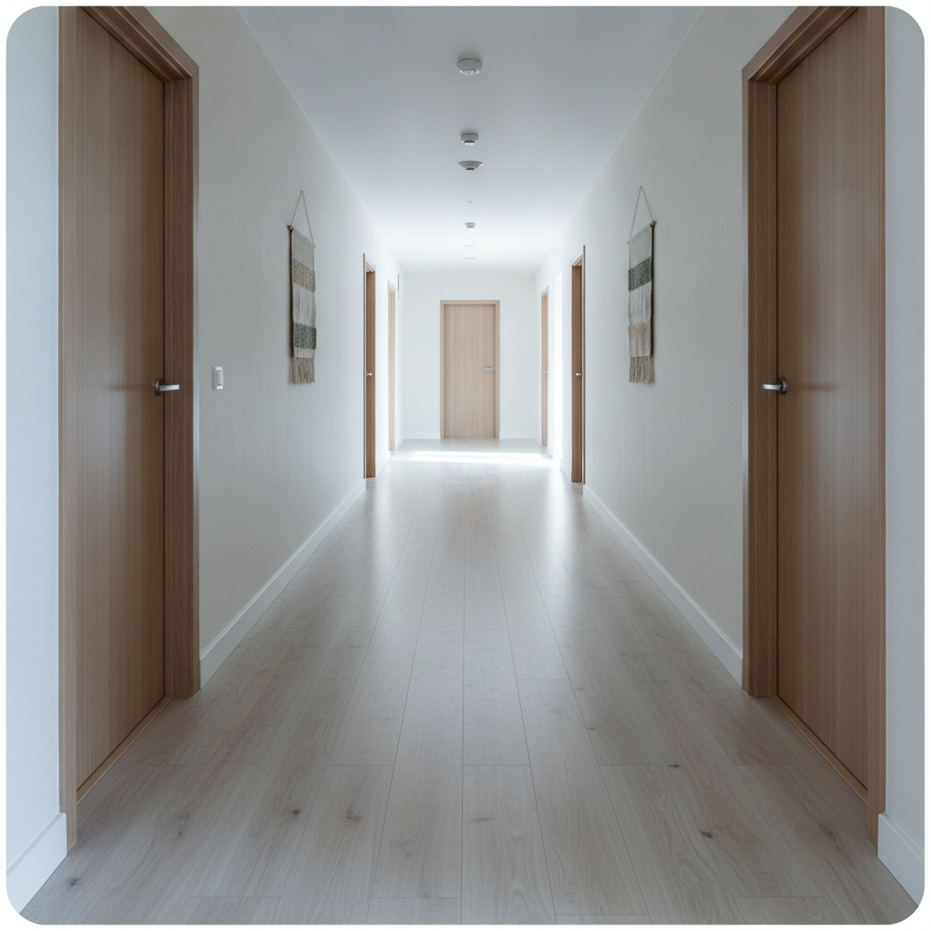 An empty residential hallway between units — clean floor, closed doors, a maintained baseboard line — squared to the architecture in daylight