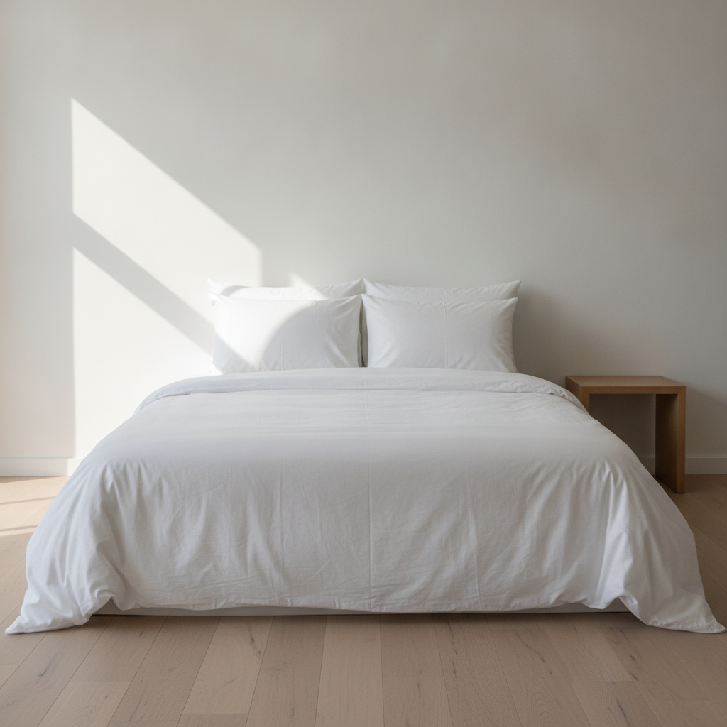 A freshly made bed with crisp white linen and squared pillows, morning light falling diagonally across the duvet, nightstand cleared